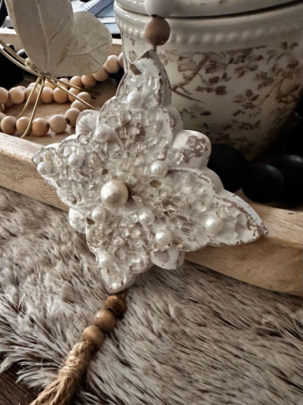 Hand crafted Beaded White Floral hanging Ornament with Tassel - Picture 7 of 11